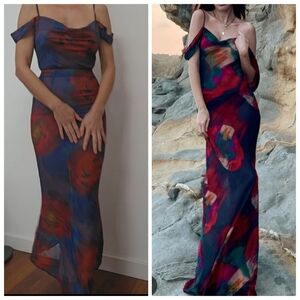 For Rat & Boa fans: Semi Sheer Blue Red Maxi Dress Off Shoulder Xs